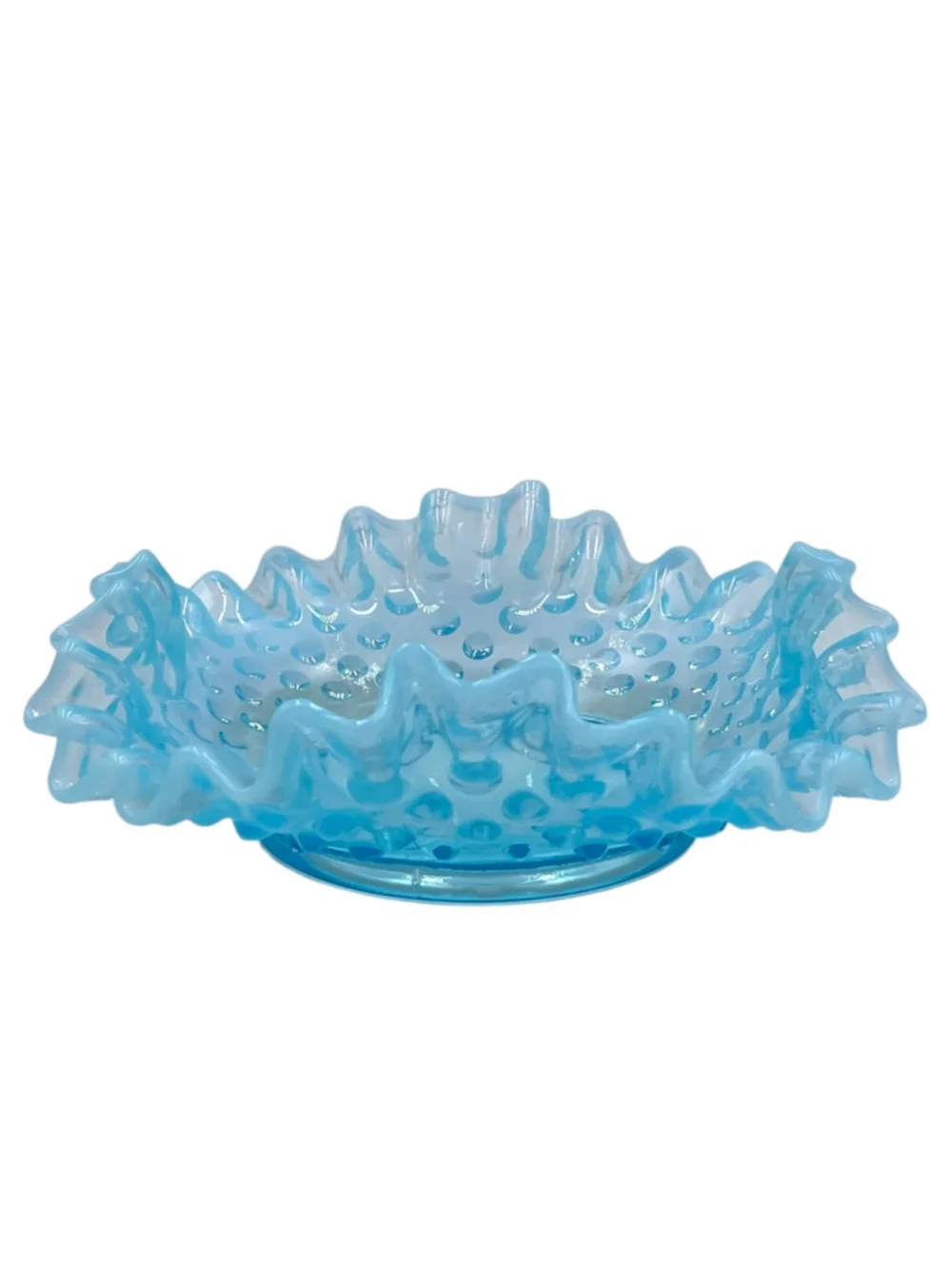 Vintage Fenton Blue Opalescent Hobnail Ruffled Fan Vase & Bon Bon Dish